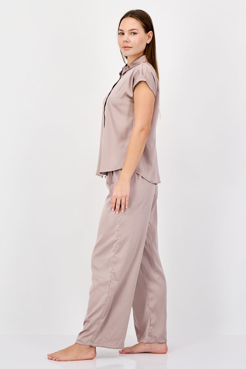 NINE WEST Women 2 Pieces Solid Top And Bottom Pajama Set, Tan - Image 3